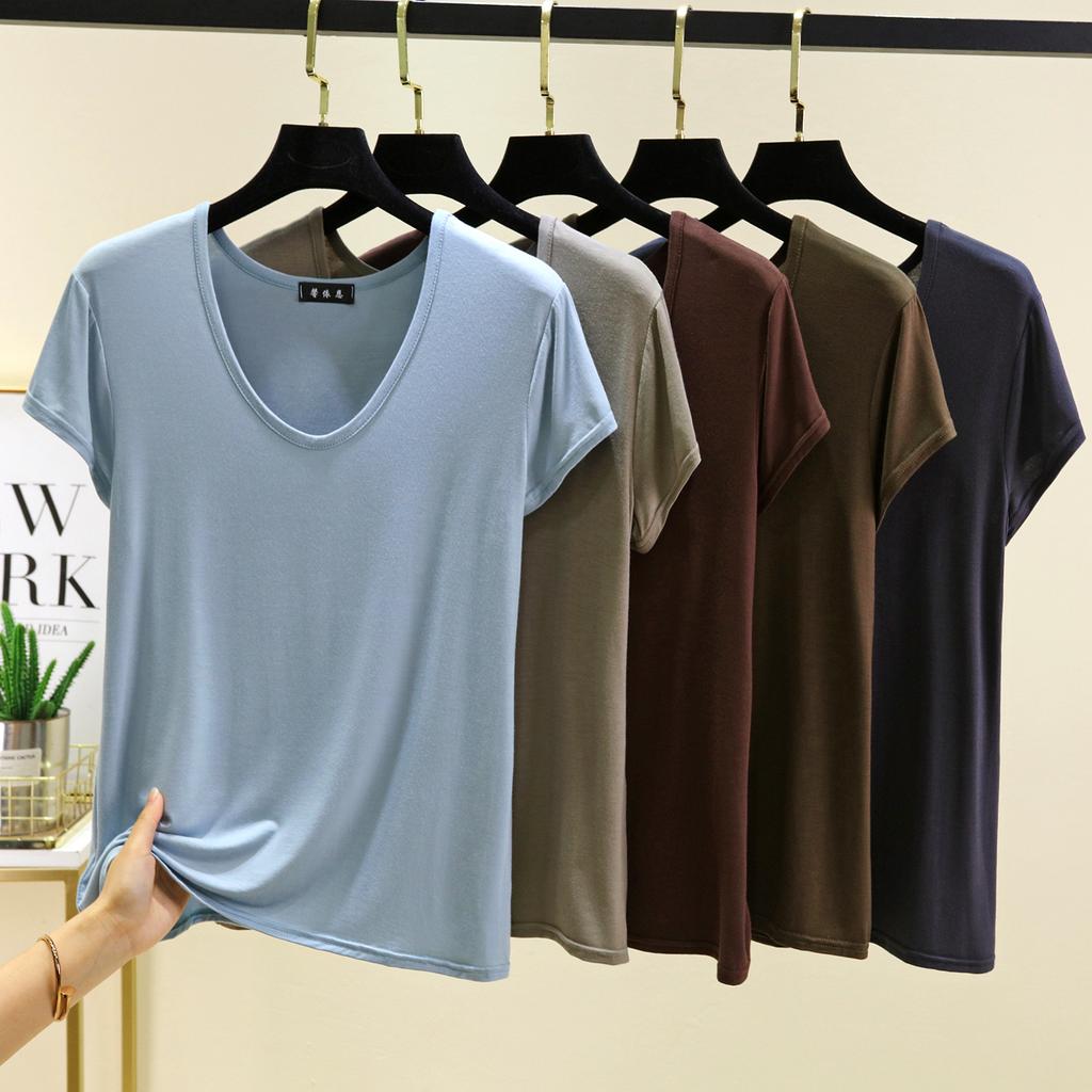 Plus Size M To 6XL U-Neck Women's Tshirt Short Sleeves Modal T-shirts Thin Bottomed Tees Solid Color Loose Tee Tops All Match