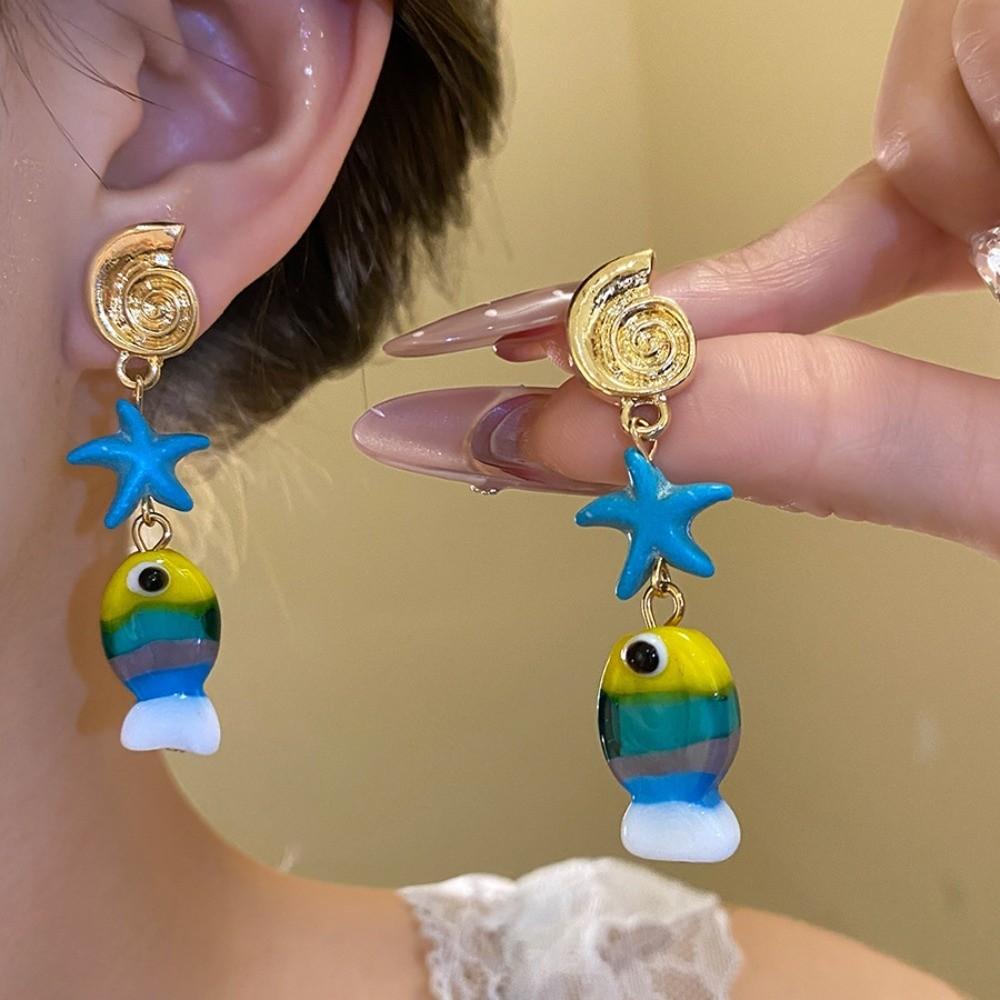 Personality Colored Glaze Starfish Earrings Conch Octopus Starfish Star Dangle Earrings Festival