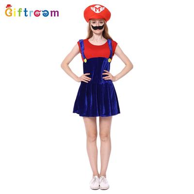 Holiday Party Adult Costume Mario Cosplay Flocking Strap Skirt Cartoon Game Uniform