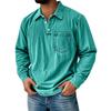 Men's Solid Color T-Shirt Washed Sports Button Pocket Lapel Collar Long Sleeve Tops