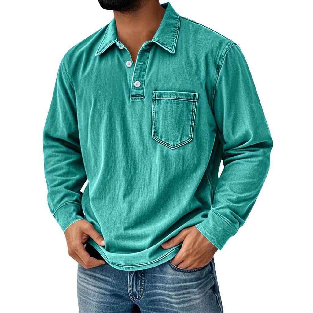 Men's Solid Color T-Shirt Washed Sports Button Pocket Lapel Collar Long Sleeve Tops