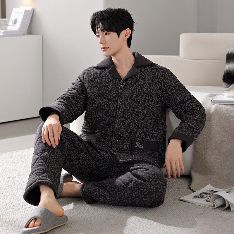 Anti-Static Pajamas Men'S Winter Pure Cotton Padded Three-Layer Thickened And Velvet Warm Autumn And Winter Loungewear Large Size Set
