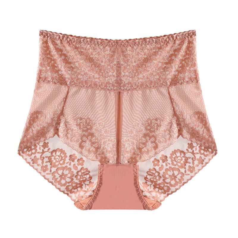 Big Size Lady Summer Thin Sexy Lace Hollow Out Abdominal High Waist Triangle Briefs
