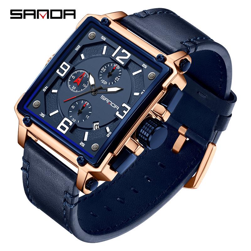 Sanda Men s Quartz Watch: Trendy Three-eye, Six-needle Design with Leather Strap and Single Calendar.