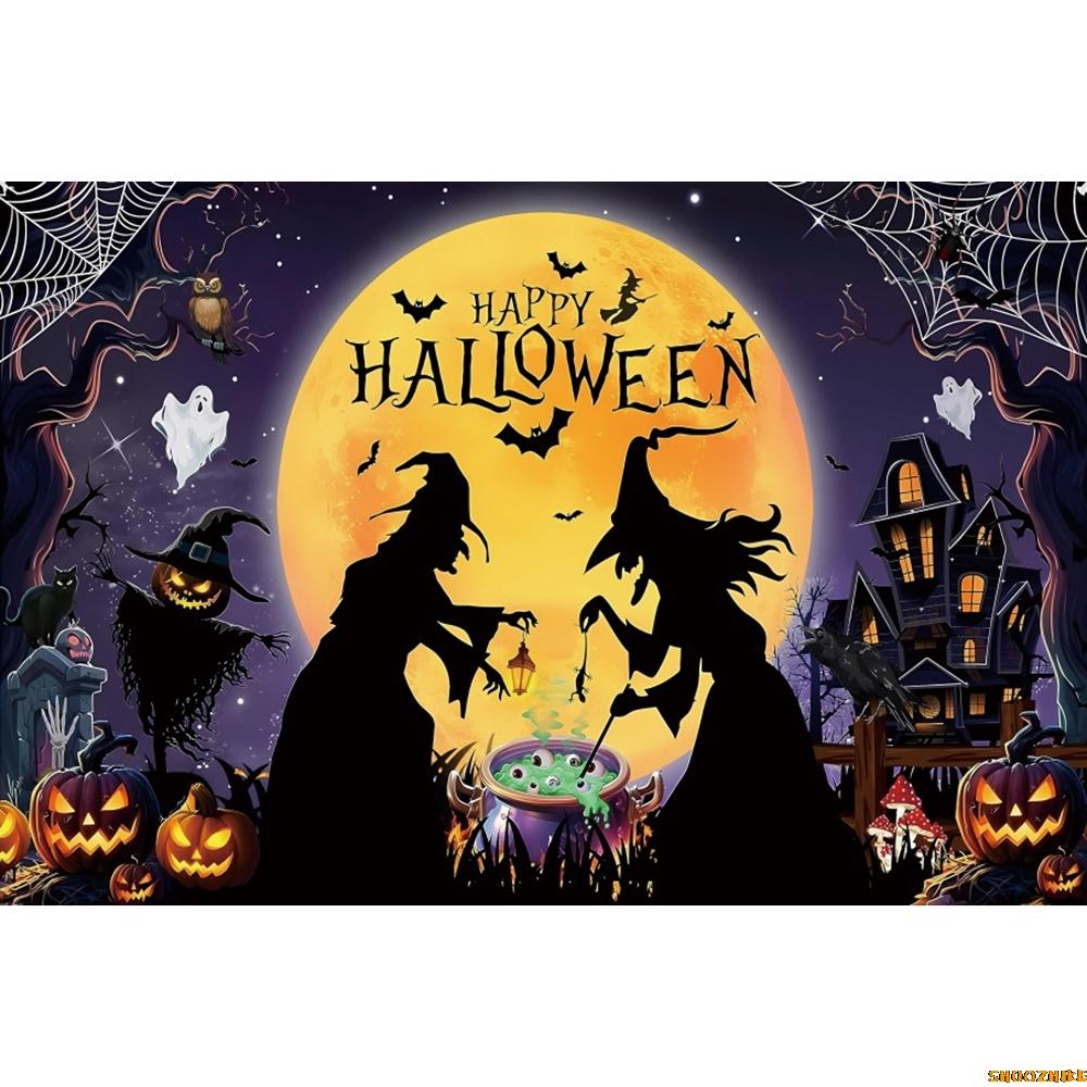 1pc Dark Halloween Party Backdrop Night Moon Witch Castle Pumpkin Bats Dustproof Banner for Halloween Themed Party Decoration