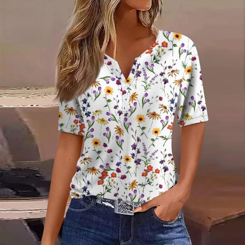 Damen-T-Shirt, T-Shirt, bedruckt, Knopfleiste, kurzärmelig, für den Alltag, Wochenende, modisch, Basic, V-Ausschnitt, normales Oberteil