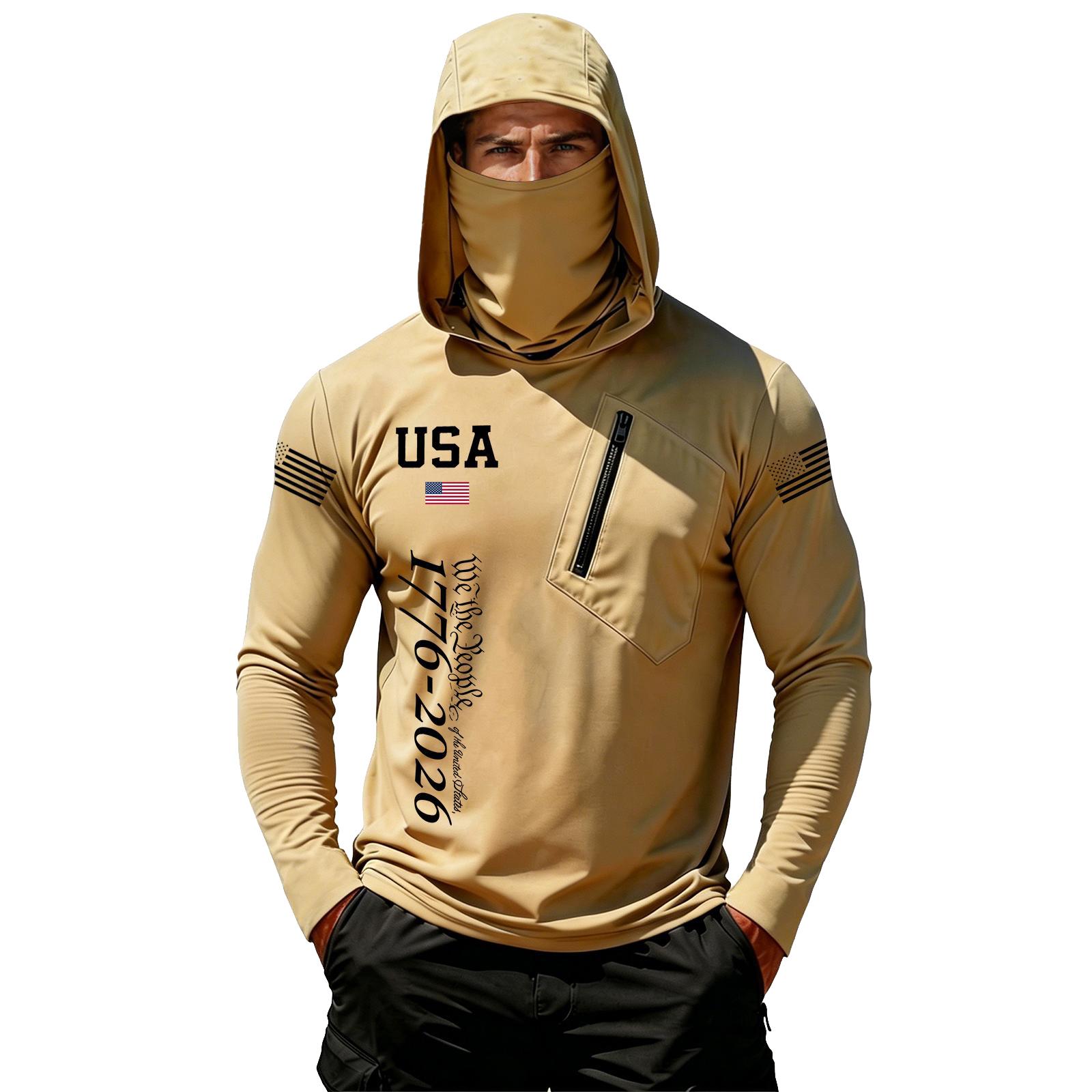

Men s Casual Long Sleeve Hooded Sun Protection Shirt USA Independence Day Print Lightweight Breathable Outdoor Sports Top XL хакі