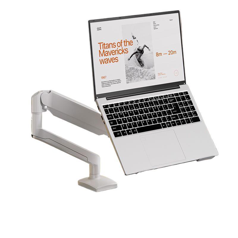 White Mechanical Arm Dual-Screen Laptop Stand: Liftable, Rotatable, and Suspended Cantilever Riser.