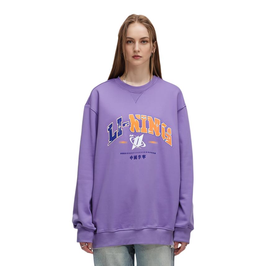 Li Ning Reignite Series Logo Print Round Neck Drop Shoulder Sweatshirt Unisex Sweatshirt Bellflower-Purple AWDU343-5