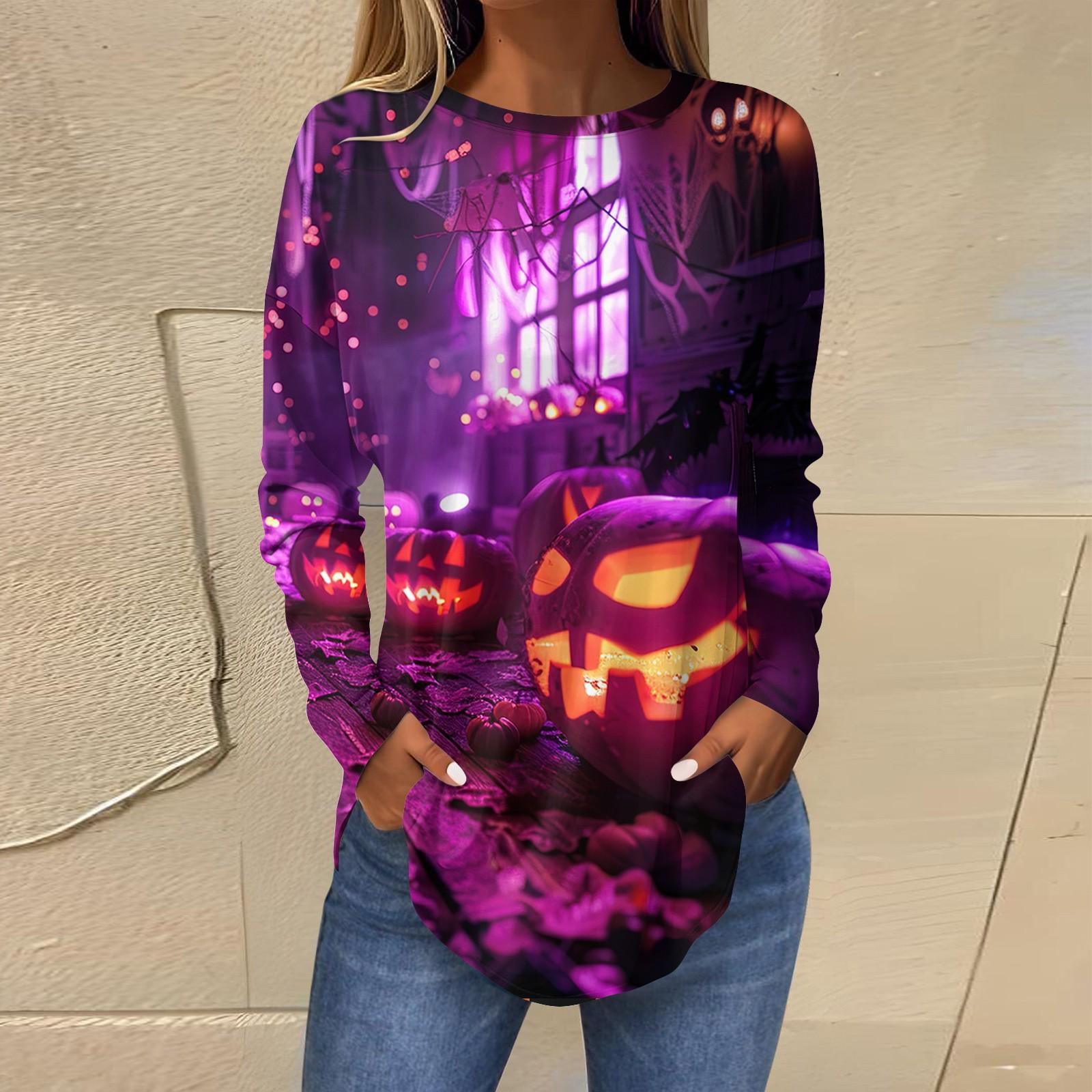 

Женская свободная футболка с длинным рукавом с круглым вырезом и принтом, верхний пуловер S фиолетовый