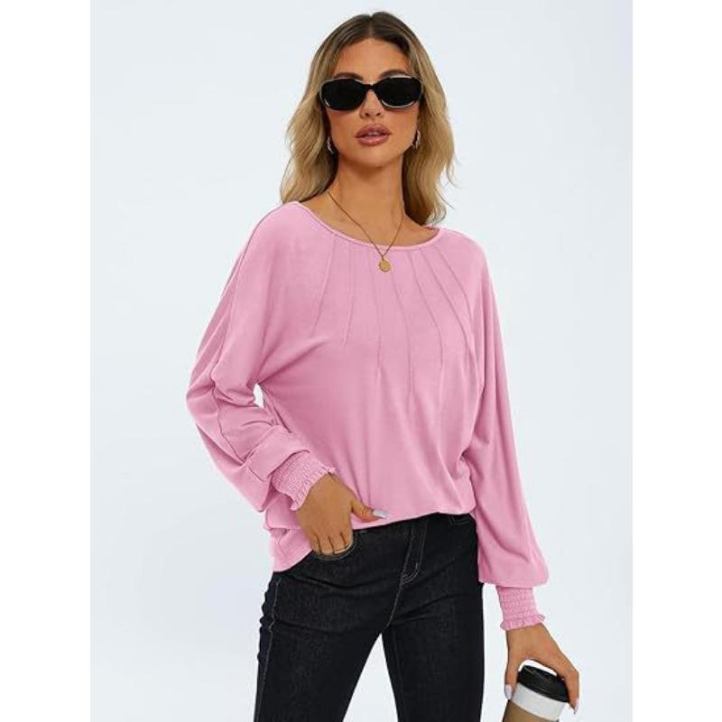 Autumn and Winter Women's Blouse Round Neck Pleated Long Sleeve Casual Tops