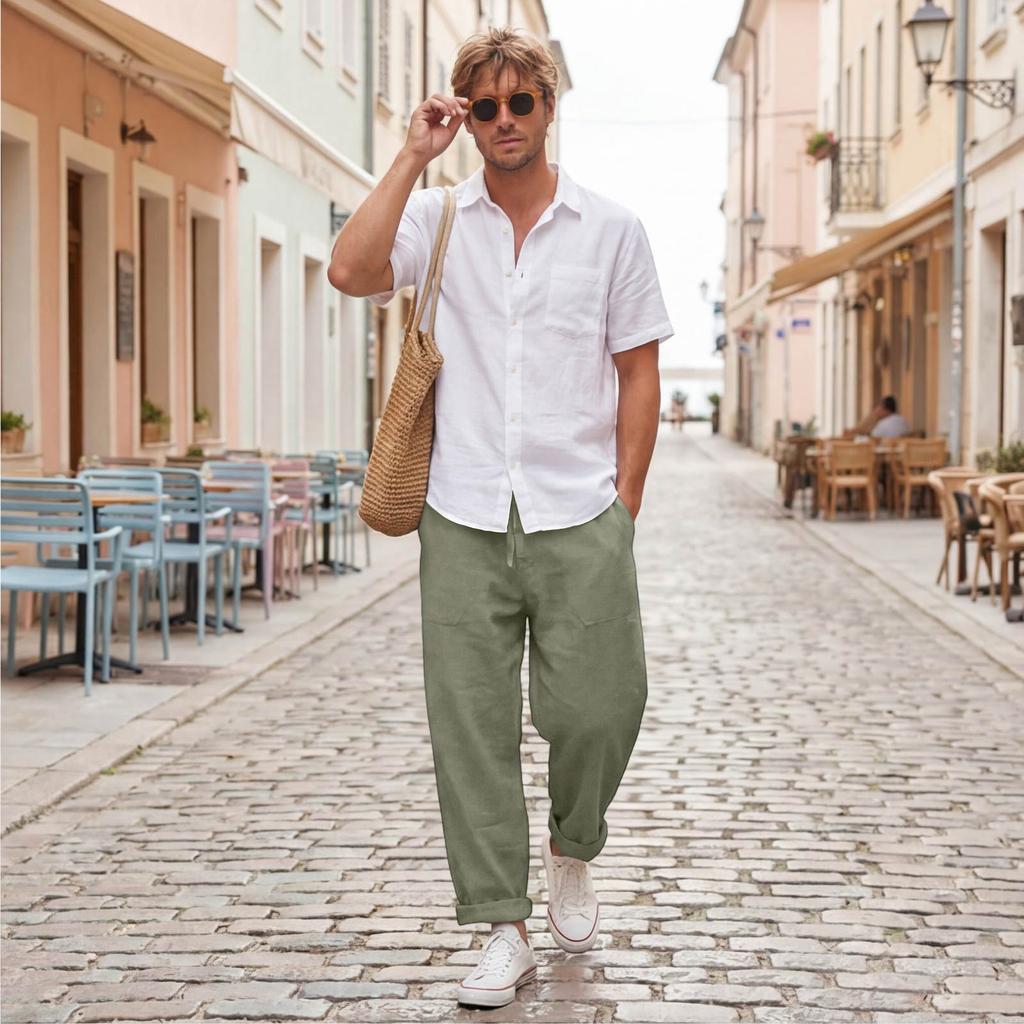 Pantaloni Casual da Uomo Taglie Forti in Lino a Gamba Larga, Traspiranti -Assorbenti Colore Pantaloni per Viaggi Estivi e Uso Quotidiano