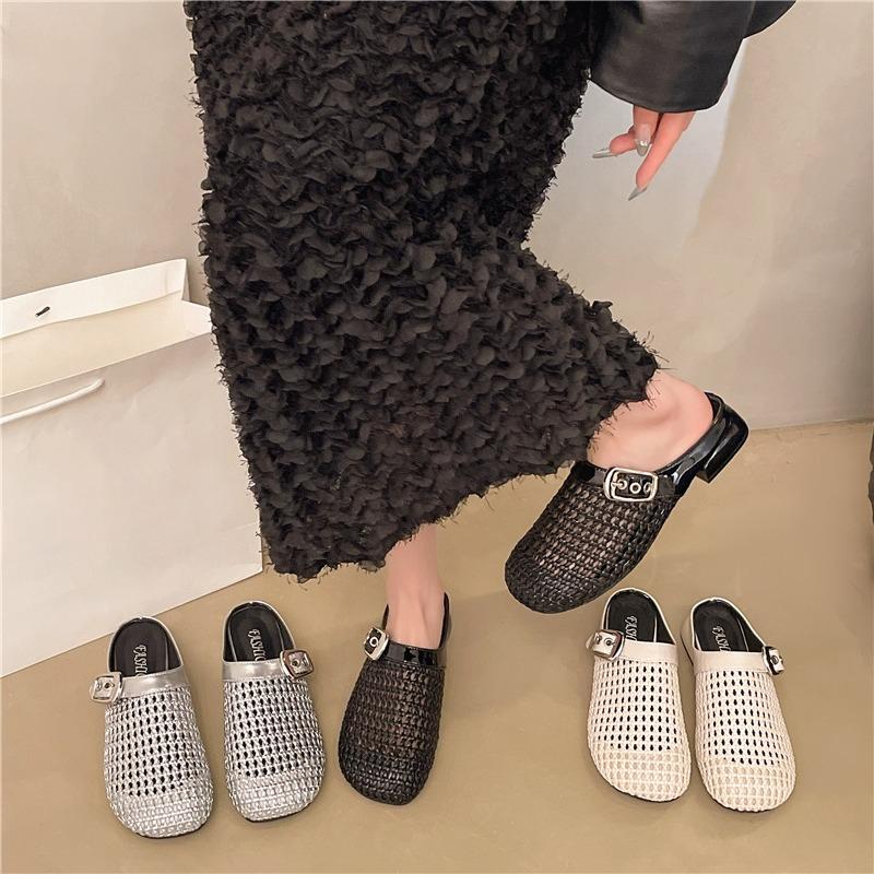 Fashion Women's Half-cup Slippers 2025 New Women Woven Hollow Roman Slippers Summer  Mules Female Shoes