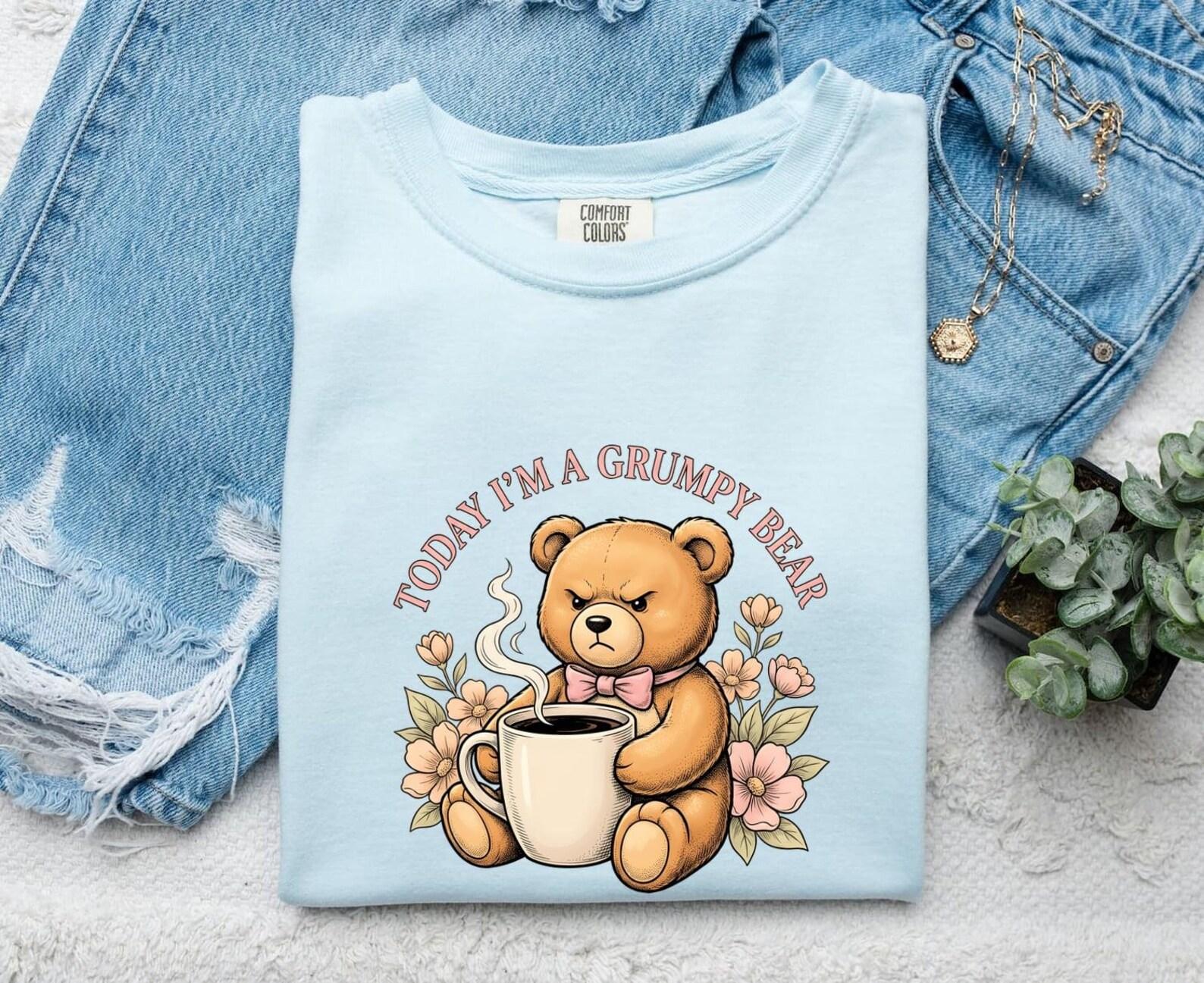 Grumpy Bear Coffee Shirt Coffee Animal Gift Women Hand Drawn Tee Angry Bear Coffee T-Shirt Coffee Fan Furry Animal Graphic Tshirt Vintage XL