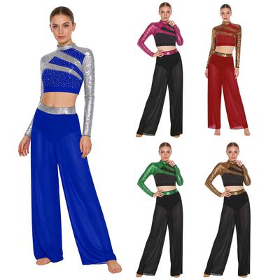 S-XXL Damen Lyrical Dance Performance Set: Mock-Neck Crop-Top mit Cut-out am Rücken & durchsichtige Chiffon-Split-Hose, komplett mit Pailletten