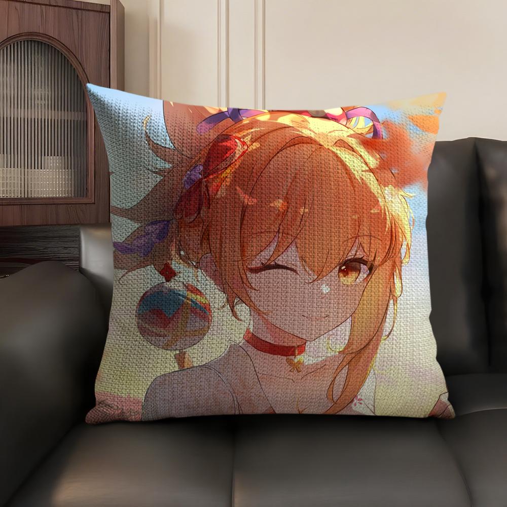 Yoimiya Genshin Impact Cute Cushion Cover Natural Linen Organic Fabric DoubleSided Printing Sofa Home Decor Gift Pillow Case