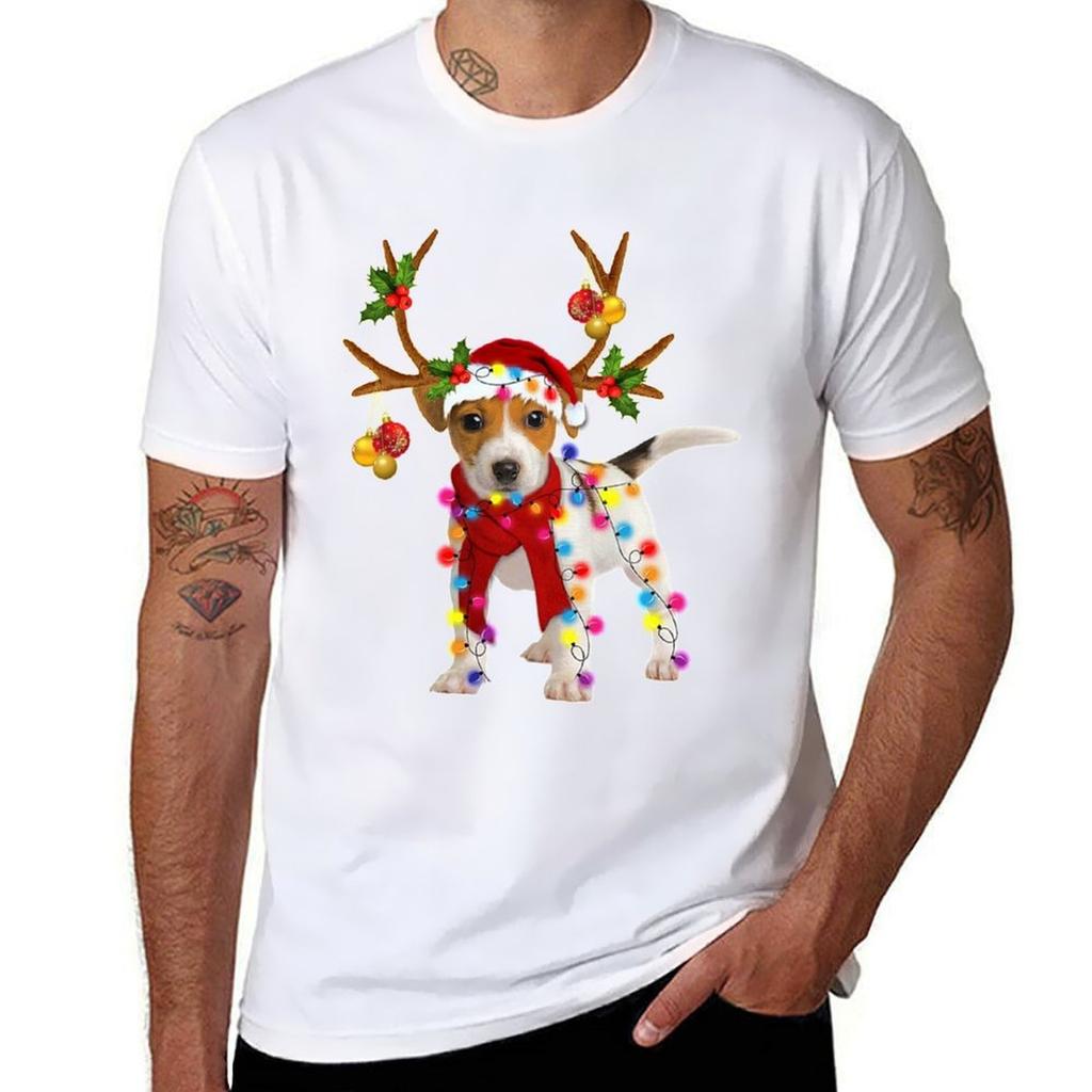 Jack russell Dog Gorgeous Reindeer Christmas Lights Tree Dog Scarf Xmas Santa Claus TShirt cotton t shirts Unisex  TShirt