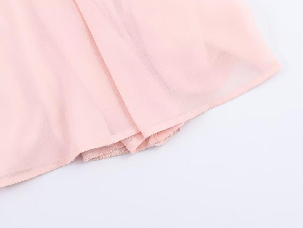 2026 Spring Women's European Style Pink Chiffon Long Dress with Short Sleeves
