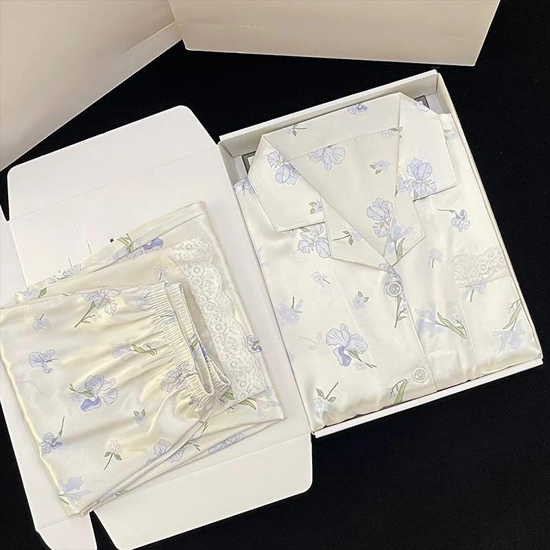 Light Blue Phalaenopsis Flower Print Women's Pajamas French Elegant Fresh Fashion Lounges Simulated Silk Lady Sleepwear