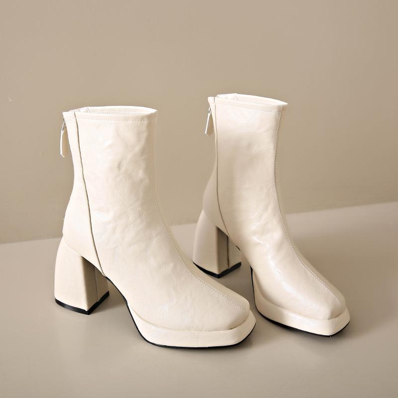 Fashion Retro Square Head Sheepskin Block Heel Booties Women's Back Zipper Platform High Heel Skinny Boots Fall Winter New