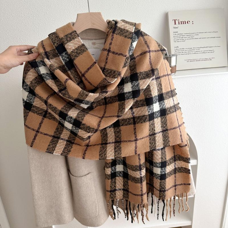Winter New Retro Plaid Scarf Girls Versatile Thickened Warm Long Shawl Dual-purpose Double-sided Couple Scarf