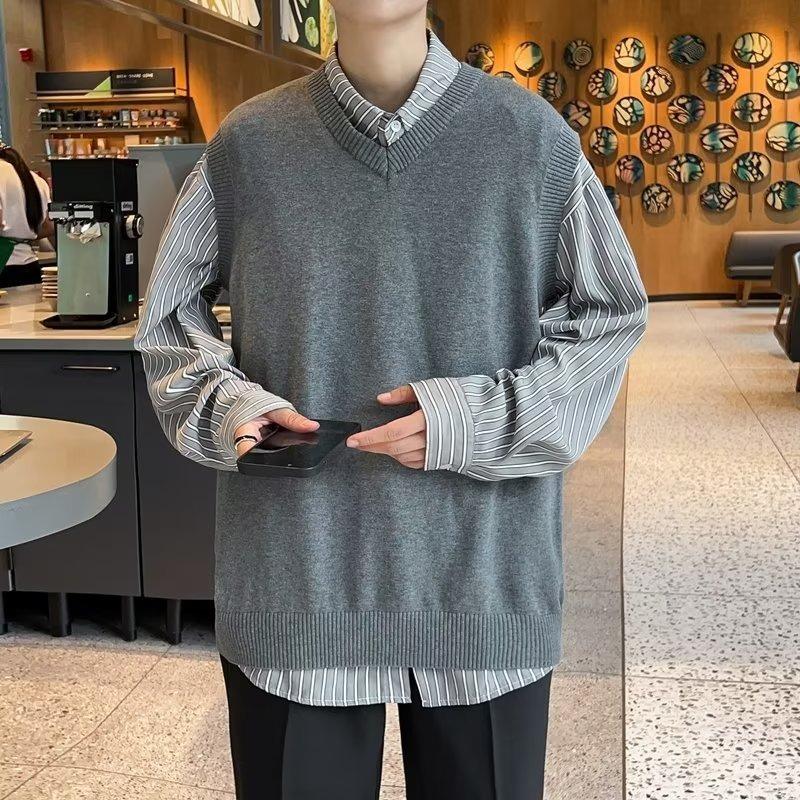 V-neck sweater men's autumn and winter Korean version trendy loose knitted sweater vest autumn ins Hong Kong style Japanese sleeveless vest