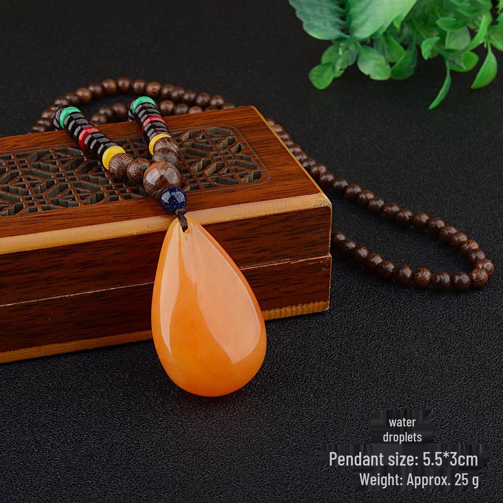 Retro Etniskt Hänge Halsband i Bomull och Lin med Träpärlor och Bodhi-berlock