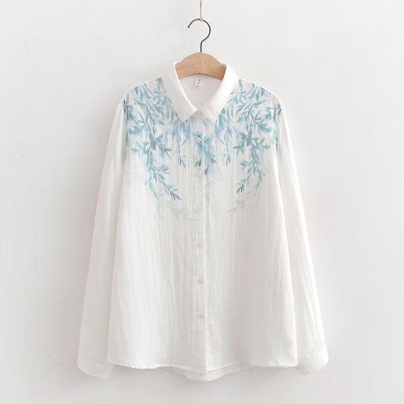 Retro Artsy Ethnic Style Embroider Flower Pure Cotton Shirt 2024 Spring New Arrival Loose All-Matching Top Women