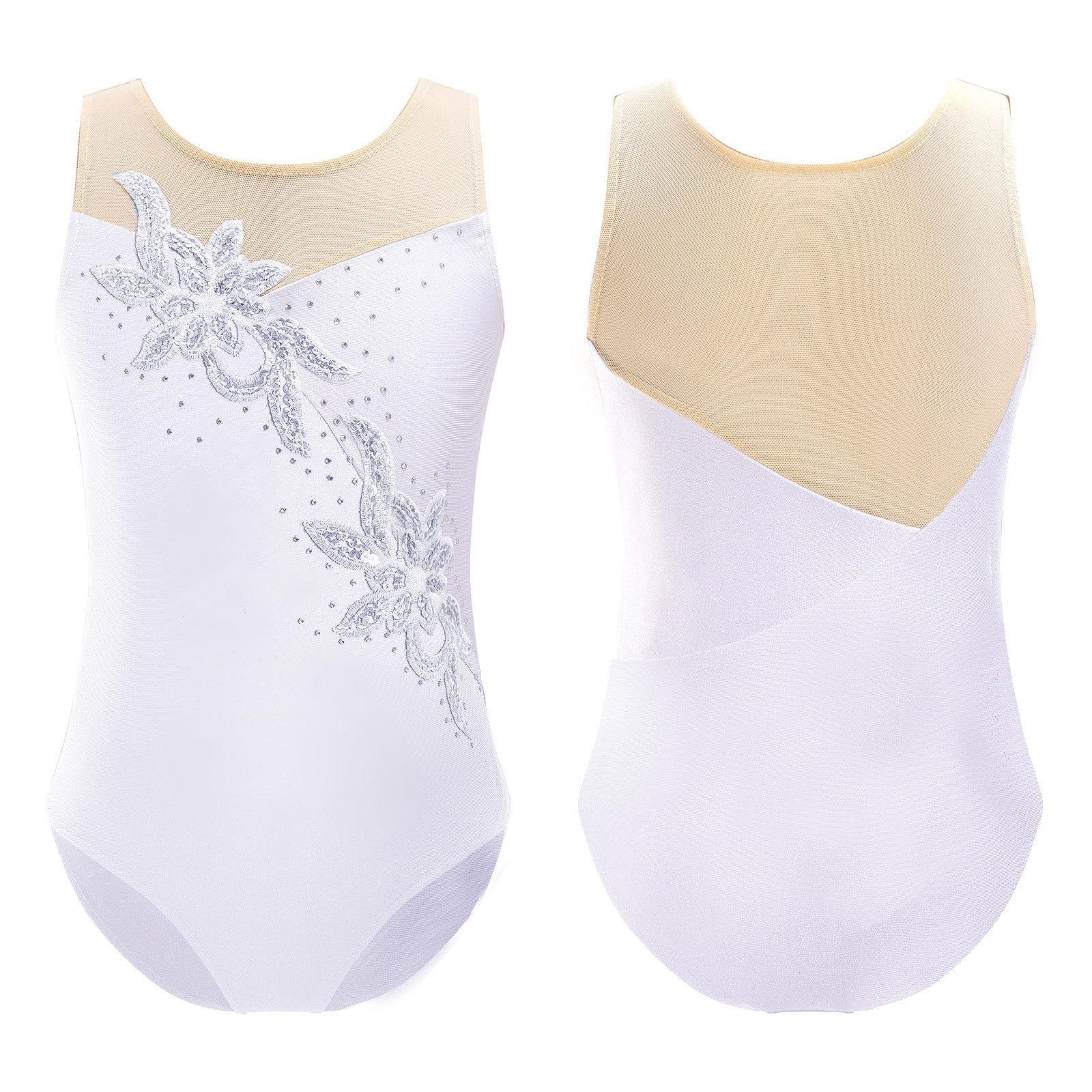 IEFiEL Danstrainingspakje met ronde hals voor kinderen, meisjes, mesh patchwork, glinsterende pailletten, mouwloos bodysuit, jumpsuit 15-16 Years wit