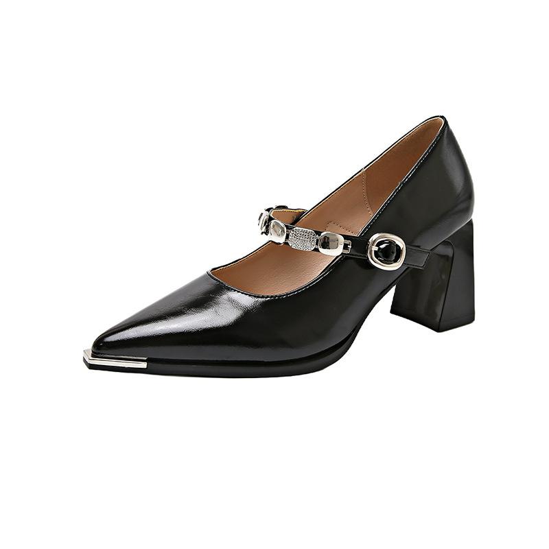 

Pointed head shallow mouth single shoes women s new metal one-word strap small leather shoes thick heel commuter high heels 40 чёрный