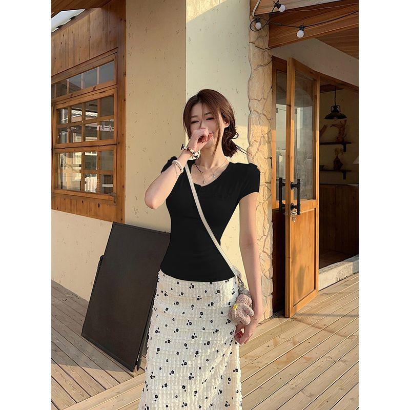 Kumikumi French style Gentle Set Slim fit Slimming Short sleeve T-shirt Women clothes Summer High Waist Hip Skirt Two-piece Set