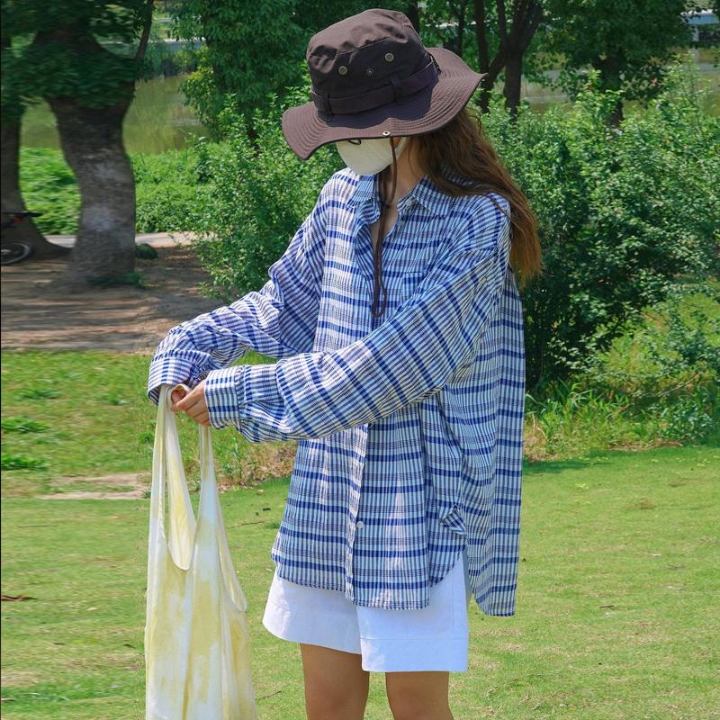 Johnature Japanese Korean Lazy Style Contrast Check Shirt Loose Casual Long Sleeve Sunscreen Tops Women