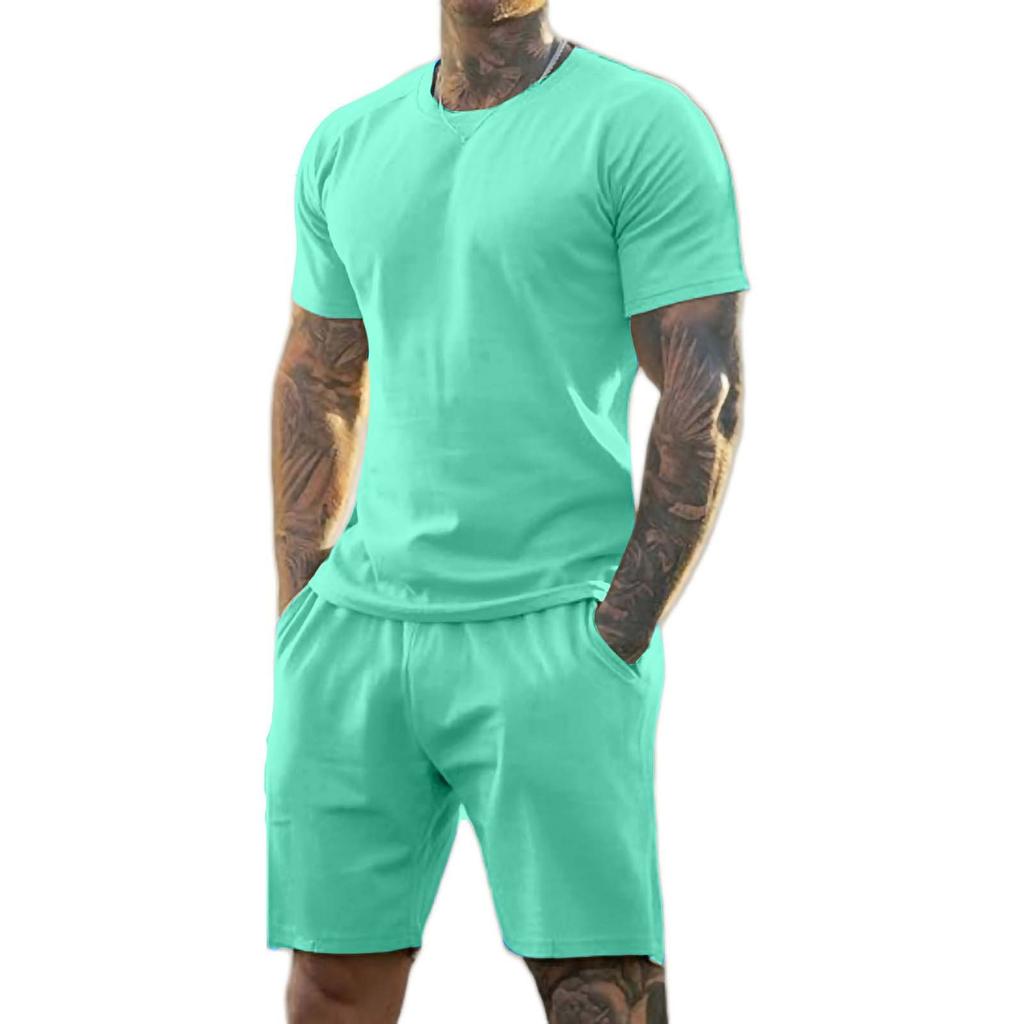 Men's Solid Color Shoulder Short Sleeved Shorts Breathable Men's Casual 2-piece Set