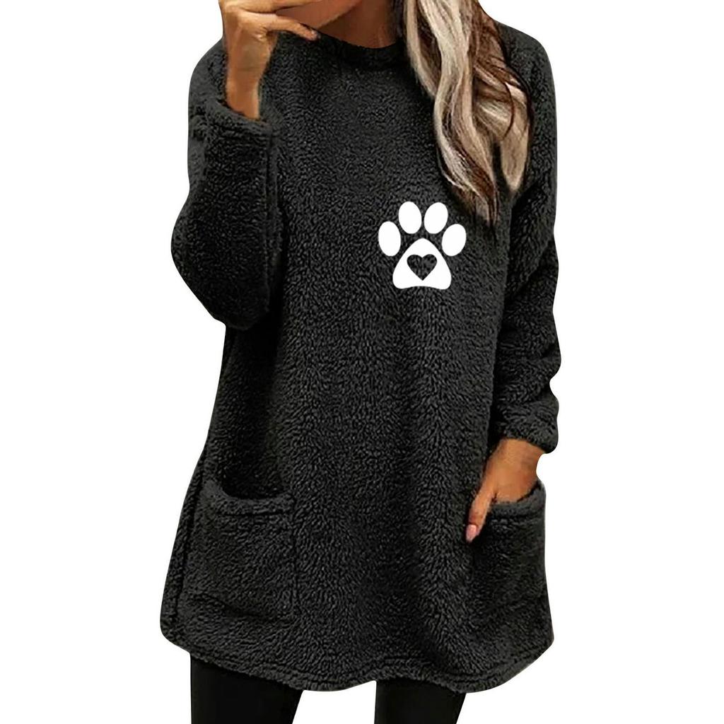 Autumn/Winter Women's Paw Print Double-sided Fleece Sweatshirt with Pockets