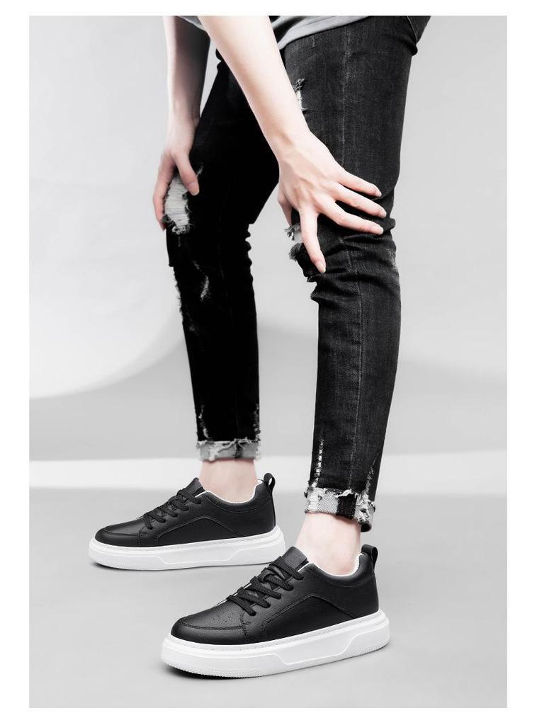 Men's Height-Boosting Low-Top Cowhide Sneakers - Thick Sole, Casual & Running Shoes (White)