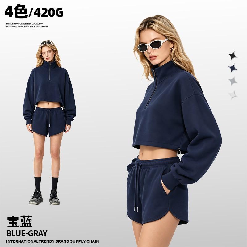 Womens Oversized Short Crop Hoodless Zip-Up Sweatshirt With Drawstring Waist Cotton Blend Streetwear Style