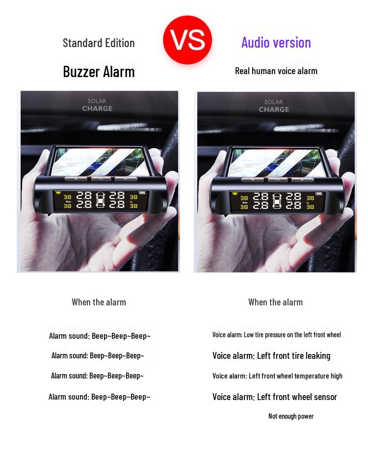 Solar Tire Pressure Monitoring System: Wireless, Car-Mounted, High-Precision, Internal/External, Universal Detection, Leak Prevention.