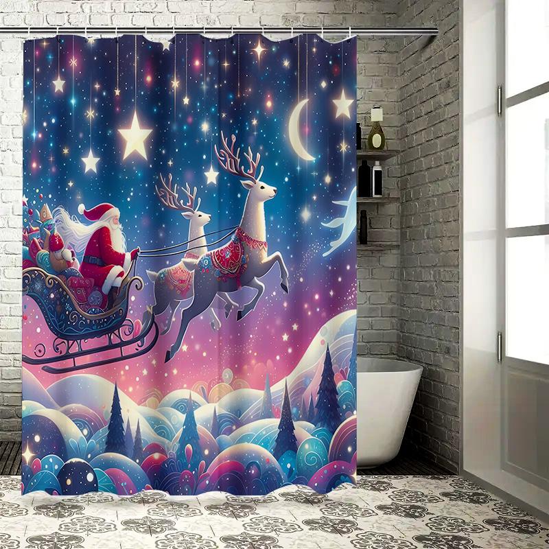 Santa Claus Reindeer Sleigh Christmas Shower Curtain Festive Decor For Bathroom Kids Adults Stars Moon Sky Complimentary Hook