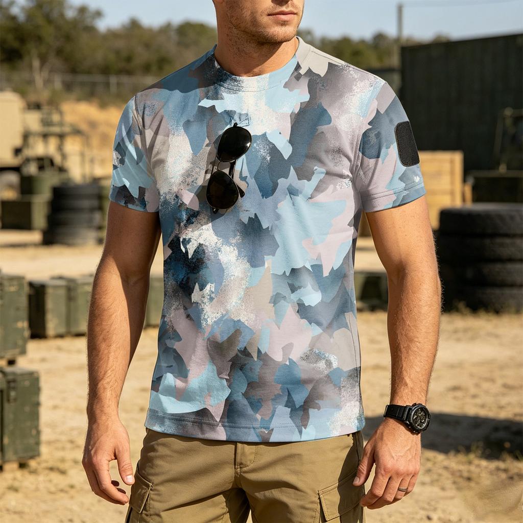 Men's Tactical Outdoor Quick Dry T Shirt Loose Fit Breathable Crew Neck Camouflage Print with Hook and Loop Patch Area for Sleeve