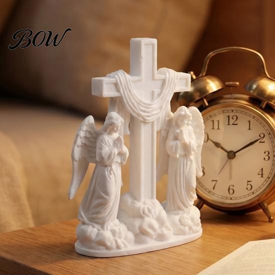 Handheld Size Angel Ornament 3D Printed Praying Ornament, Dual Angels with Flowing Cloud Base, Sacred Compact Bookshelf Decoration White Sculpture for