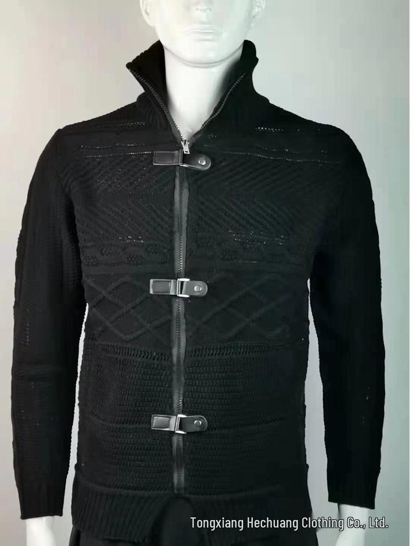 2026 AutumnWinter Men s Plus Size High Neck Sweater Cardigan with Leather Buckle - European American Style Long Sleeve Knit Coat S 3760₽