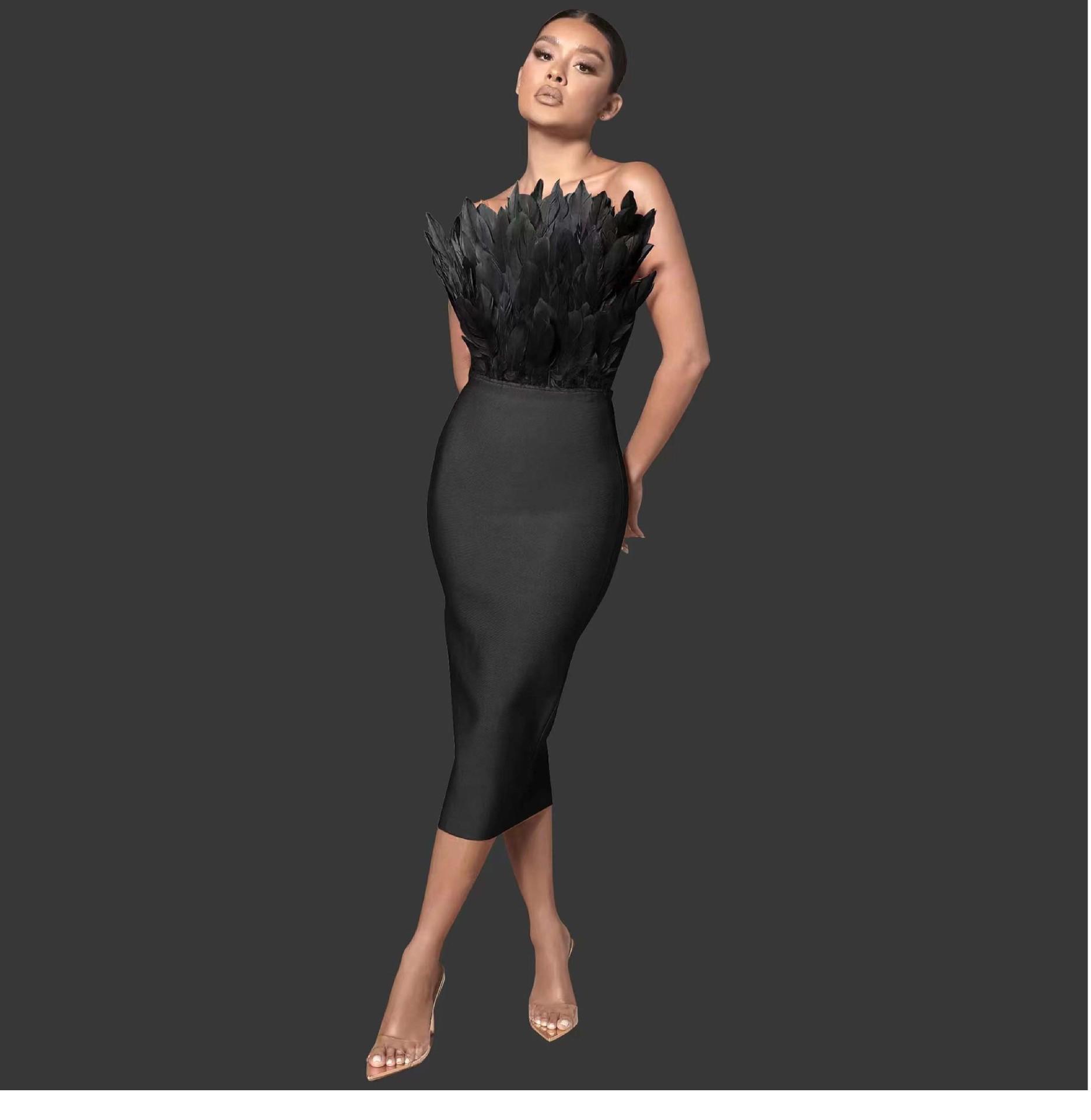 

European & American Fashion Women s Strapless Feather Bandage Gown - Slim Fit Elegant Dress for Banquets Extra Small чорний