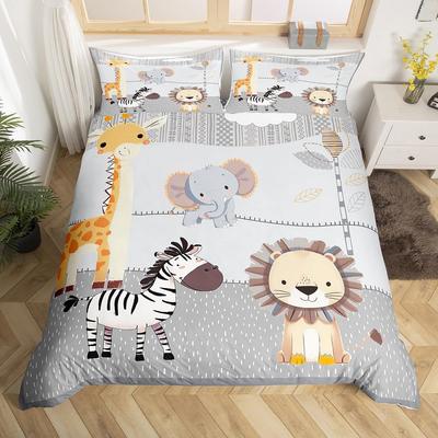 Cute Cartoon Animals Bedding Set Twin,Kawaii Elephant Lion Print Duvet Cover for Kids Boys Bedroom Decor,Boho Trees Quilt Cover
