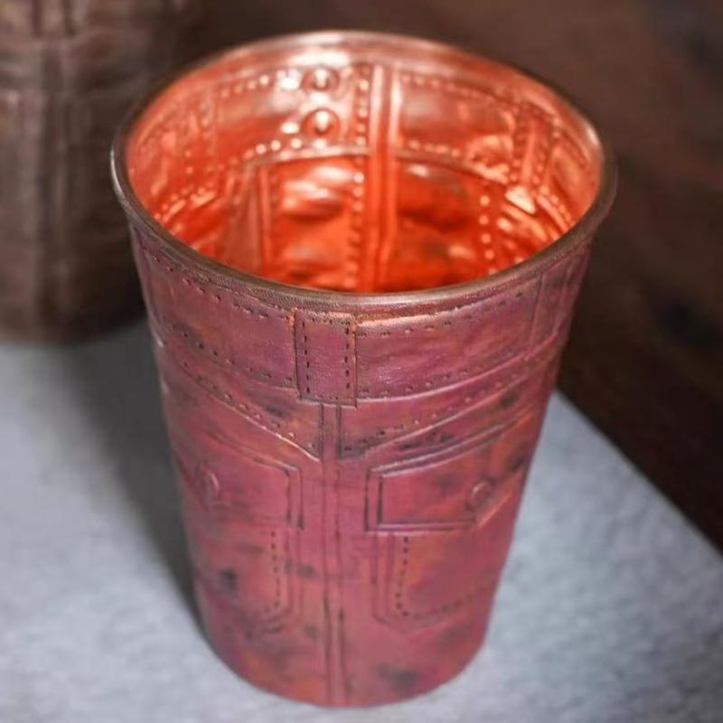 Vintage Pure Copper American Coffee Mug,Engraving Jeans Shape Texture Drinking Beer Beverage Outdoors Mug,Straight-Sided Tea Cup