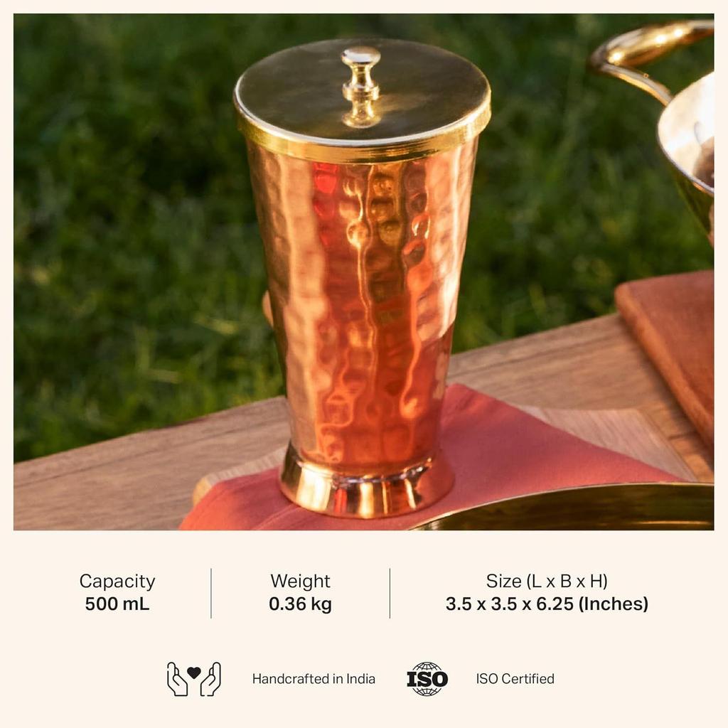 Tumbler with Lid Serving Copper Glass with Brass Lid Tamba Glass with Ayurvedic Health Benefits Ptal Brass and Copper Utensils (600 Ml Tumbler Glass)