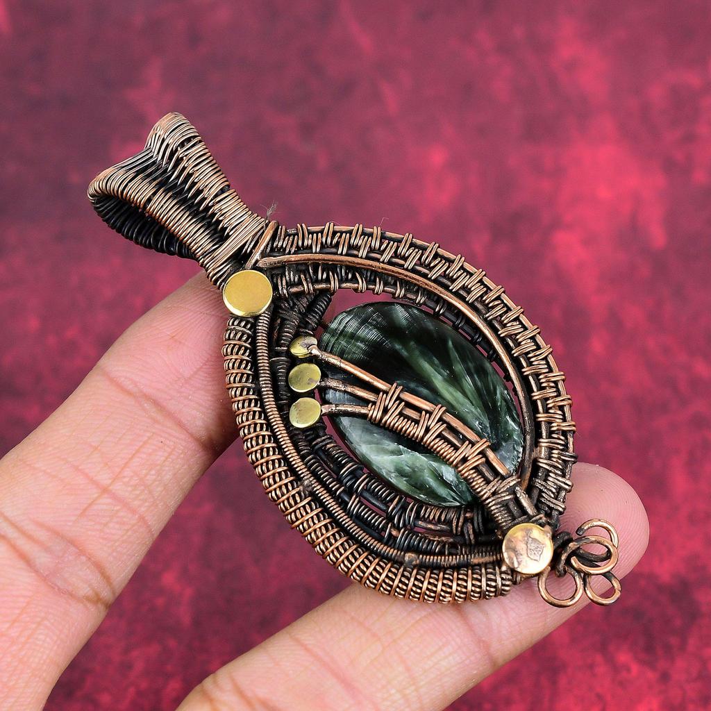Seraphinite pendant copper wire wrapped pendant seraphinite gemstone jewelry handmade stylish pendant copper wire wrap jewelry gifts for him