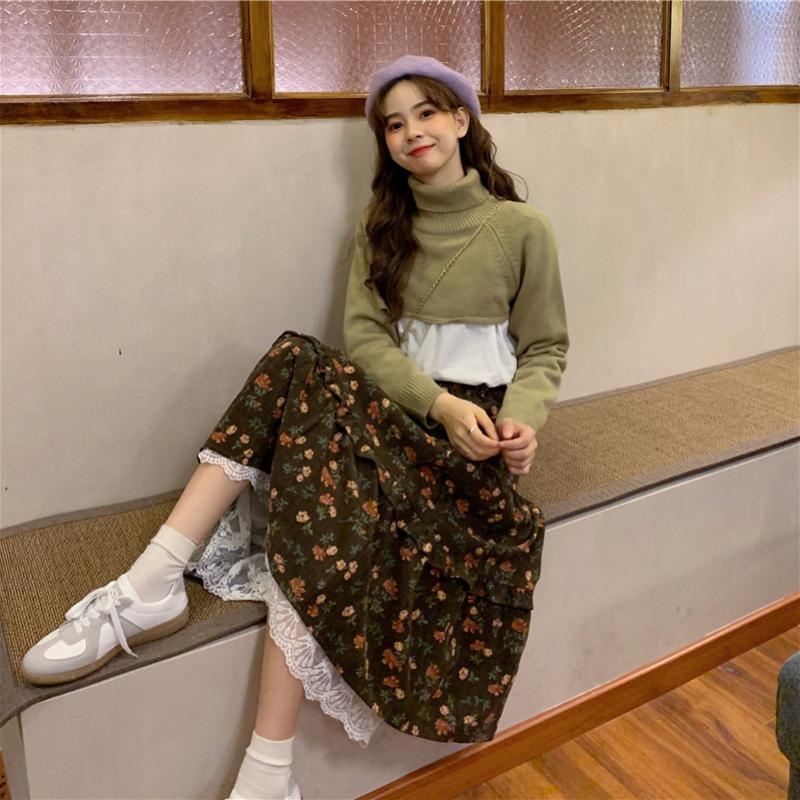 Neuer japanischer Mori Girl Damen Midirock Hohe Taille Marineblau Braun Blumenrock mit Spitzenrüschen Vintage Eleganter Cordrock