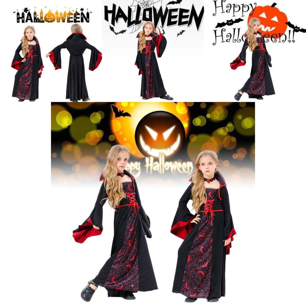 Spooky Halloween Witch Costume For Kids Black Polyester Scary Girl Party Outfit
