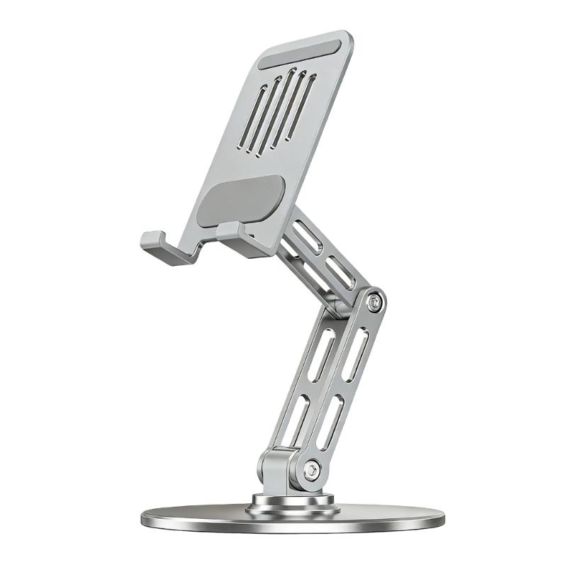 Portable Adjustable Desktop Stand with Triple Axises Height and Angle Control Full Rotation for Mobile Devices серебряный
