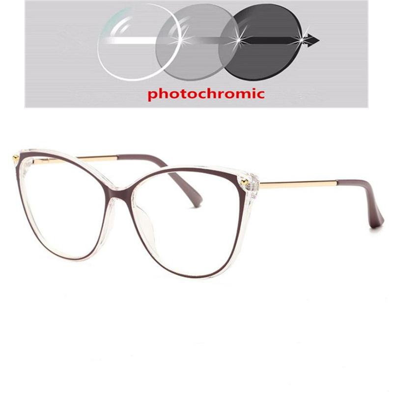 Big Frame Blue Light Blocking Cat Eye Glasses Women Photochromic Gray Prescription -6 To 0